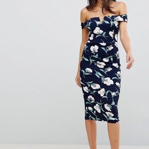 Neck Bardot Pencil Dress in Blue Tulip Print